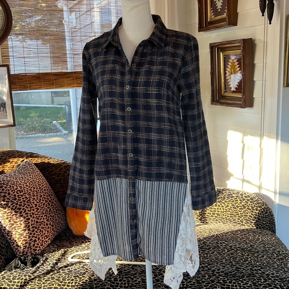 A'Reve Long Sleeve Navy Plaid with Lace - Picture 1 of 11